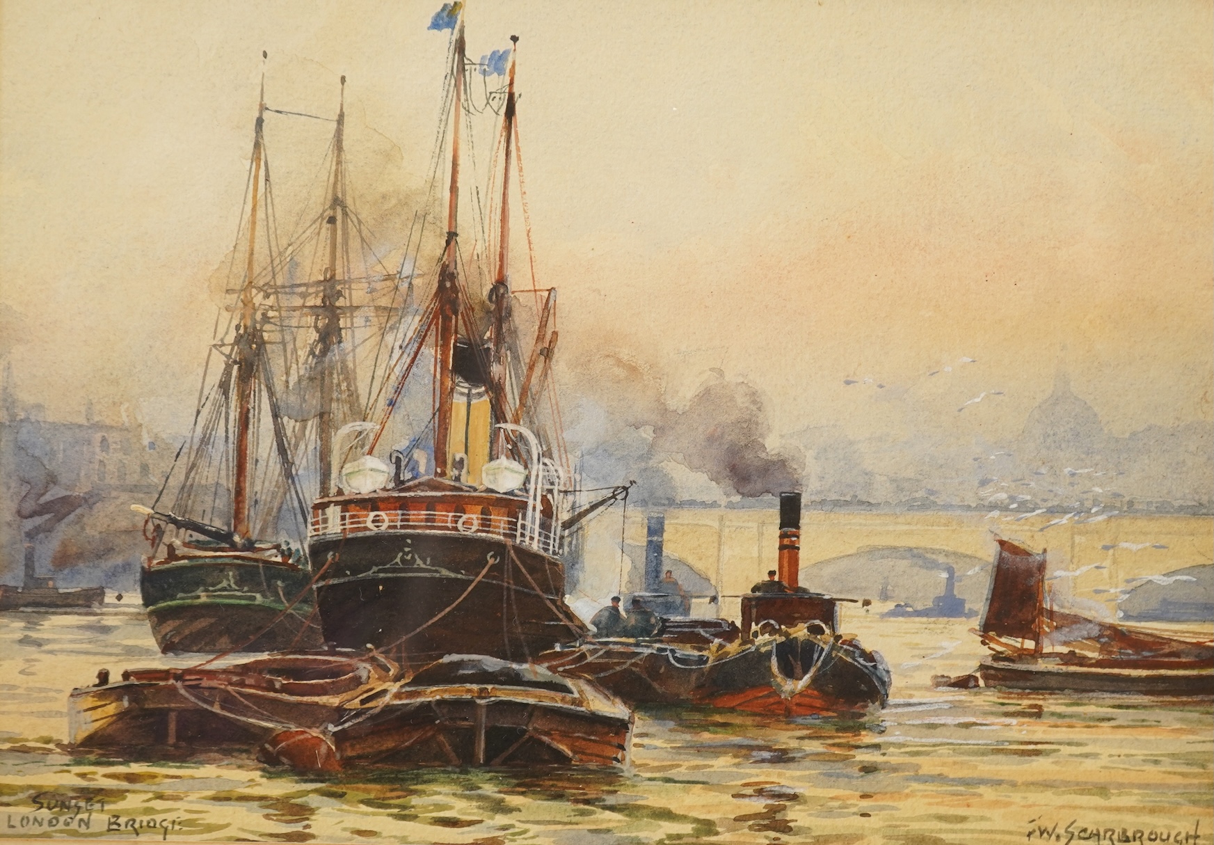 Frederick William Scarborough (1860-1939), ‘Sunset, London Bridge’, signed and inscribed, watercolour, 17 x 23cm, ornate gilt frame